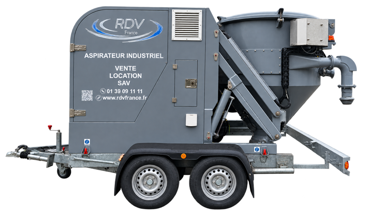 DG25 | Aspirateur industriel sur remorque – Trémie 500 L – Diesel 23,2 kW / Électrique 22 kW Occasion-location
